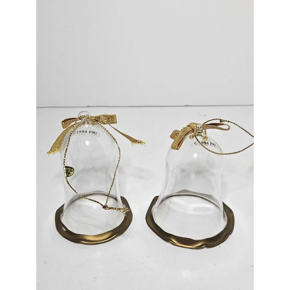 1994 PMI Clear Glass Christmas Bell Ornaments Gold Trim No Clapper Set Of 2 Vtg